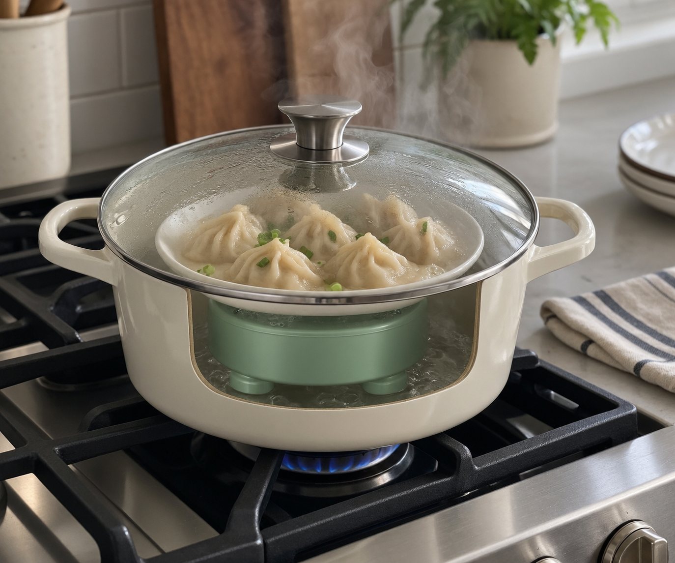 Mama Steam Core inside a regular pot, steaming a bowl of baozi