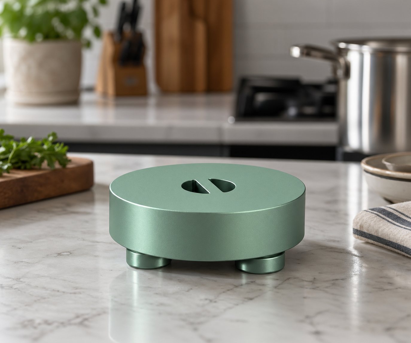 The teal Mama Steam Core device on a kitchen counter